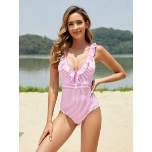 Swimsuit NWT  Women Ruffled V Neck Design Strapy Open Back One Piece Swimwear XL